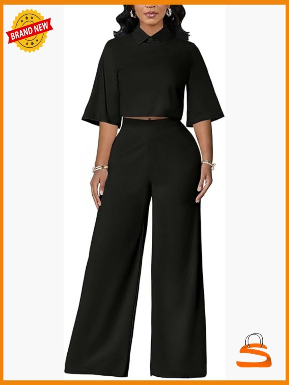 Dressy 2 Piece Pant Set 3/4 Sleeve Lapel Neck Top Wide Leg Pantsuit Business